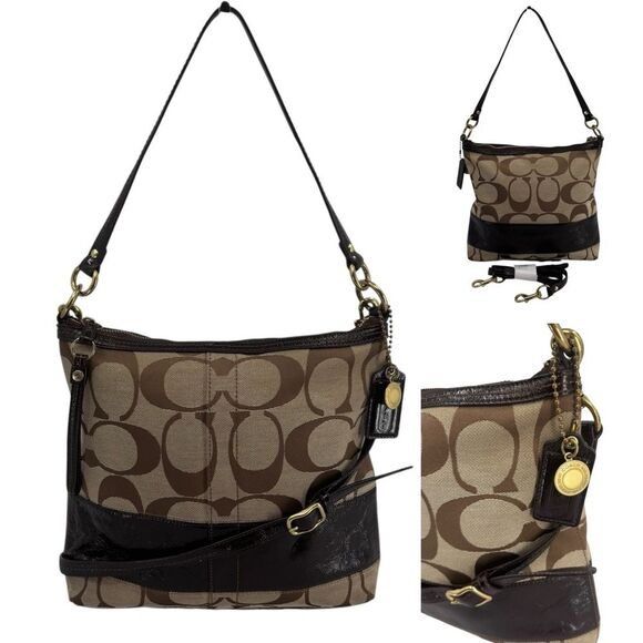 Coach signature Jacquard Brown Khaki Convertible Shoulder Crossbody Bag Y2K - Picture 1 of 9